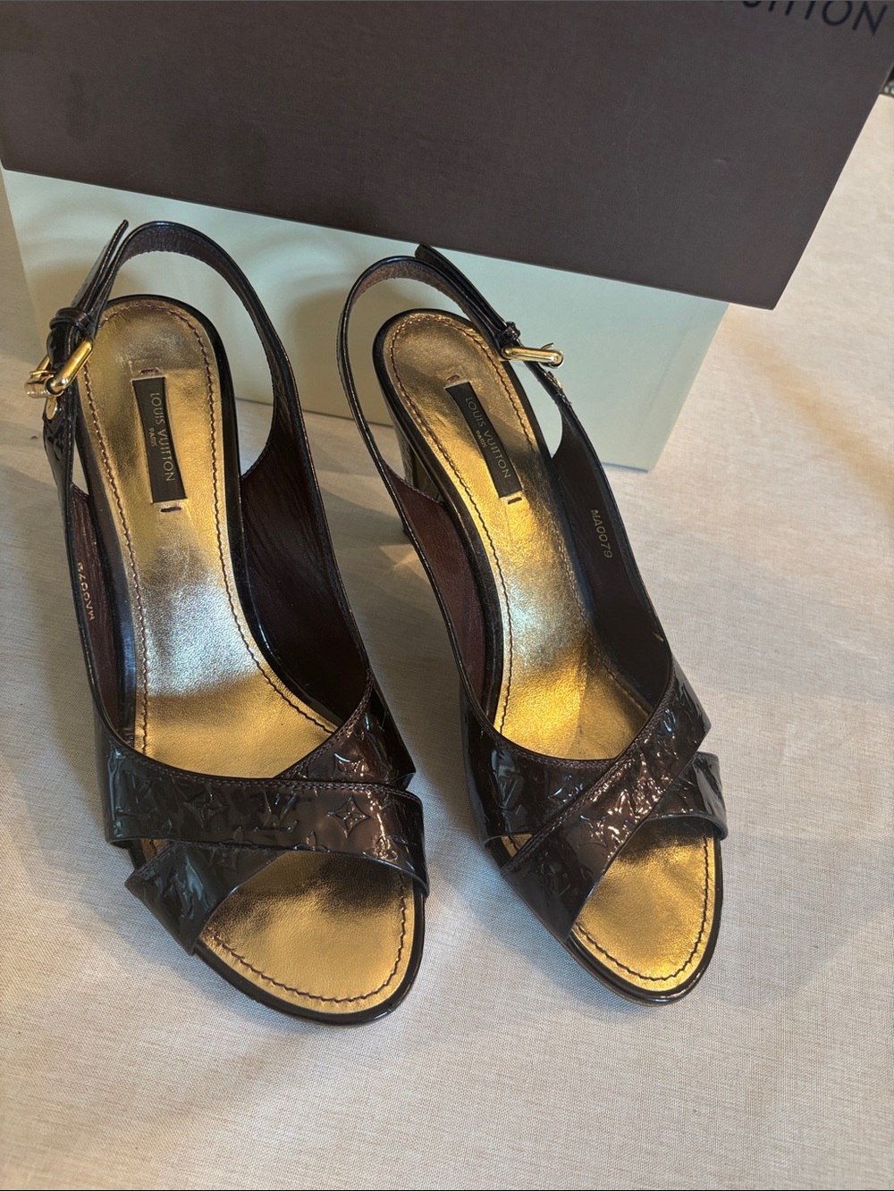 Louis Vuitton Dark Brown Patent Leather Crisscross Slingback Heels